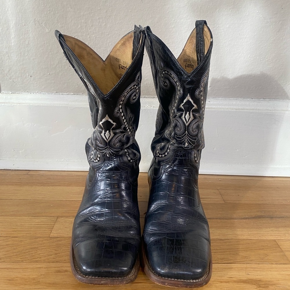 FERRINI Cowboy Boots Black Teju Lizard Skin with White Stitching Men Size 10.5 - Picture 2 of 9